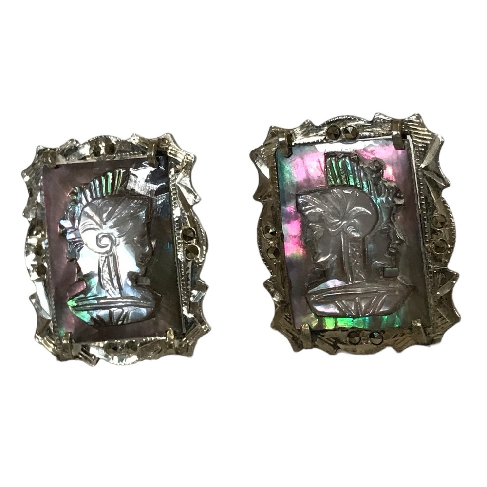 Silver 800 Abalone MOP Marcasite Hand Carved Roman Soldier Cuff Link Set